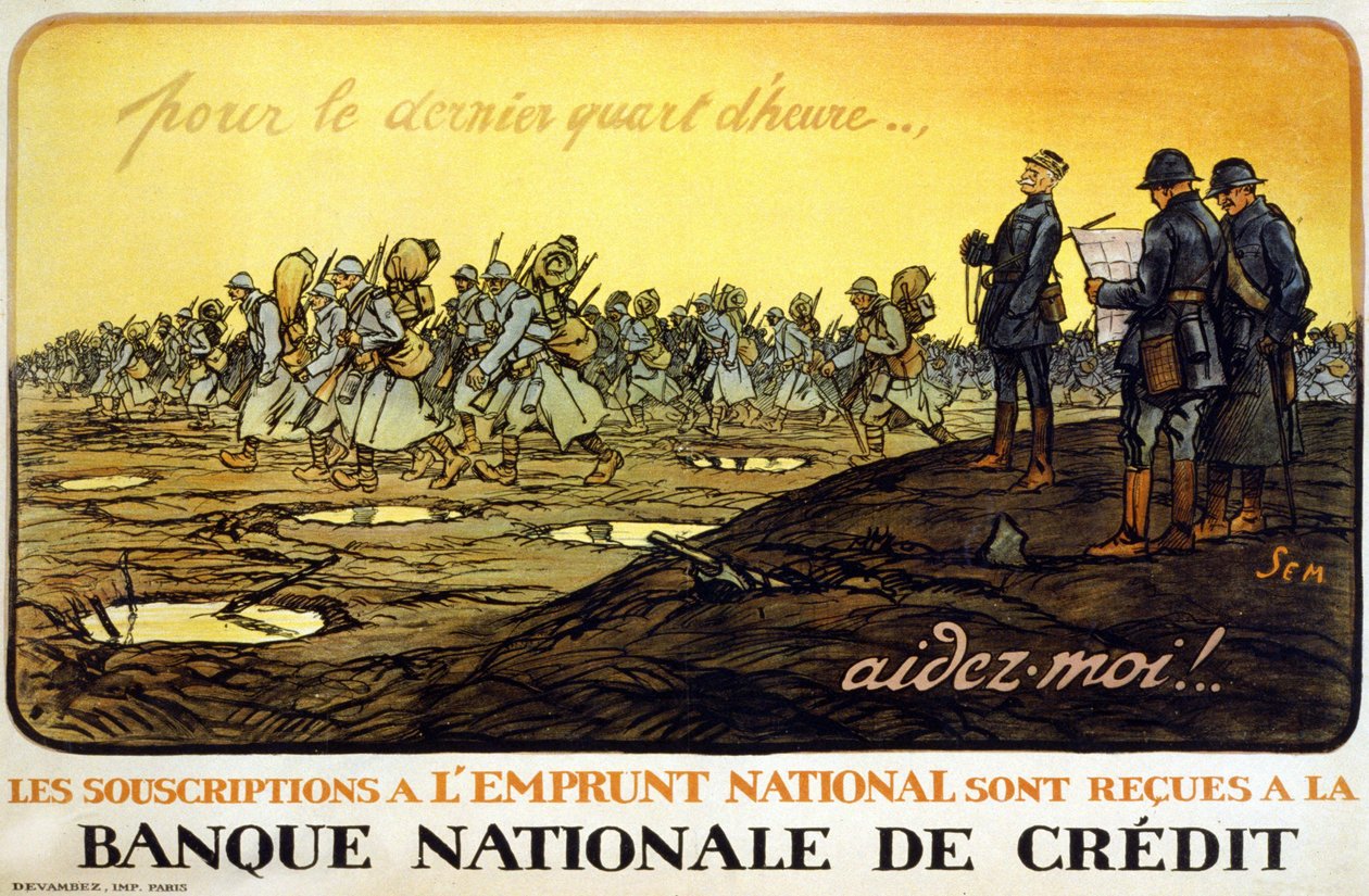 Plakat for landslånet “” Det siste kvarteret.. hjelp meg! National Loan-abonnement mottas av National Credit Bank»: General Ferdinand Foch (1851 - 1929) ser på troppene sine som marsjerer gjennom slagmarken. Av Sem av Sem