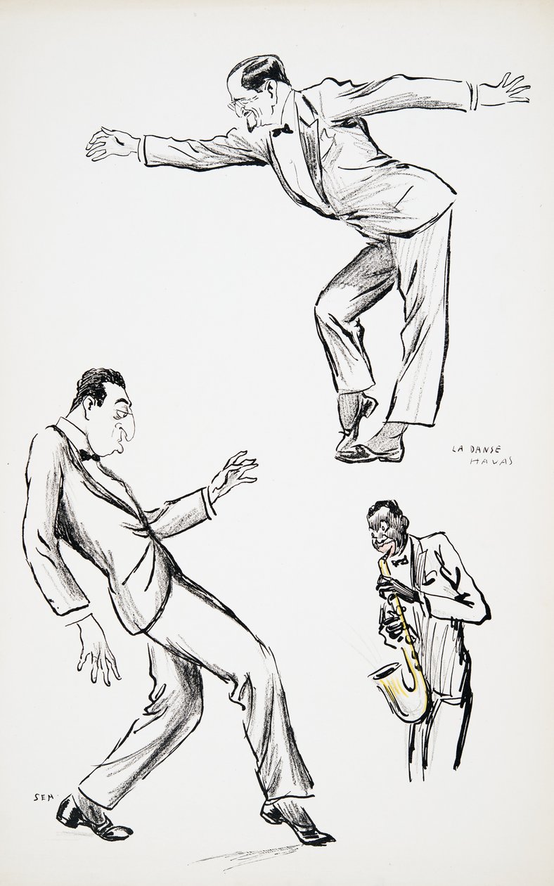 To herrer i svart slips fremfører La Danse Havas til saksofon, fra White Bottoms, pub. 1927 (fargeblokktrykk), fra White Bottoms, pub. 1927 (fargeblokktrykk) av Sem