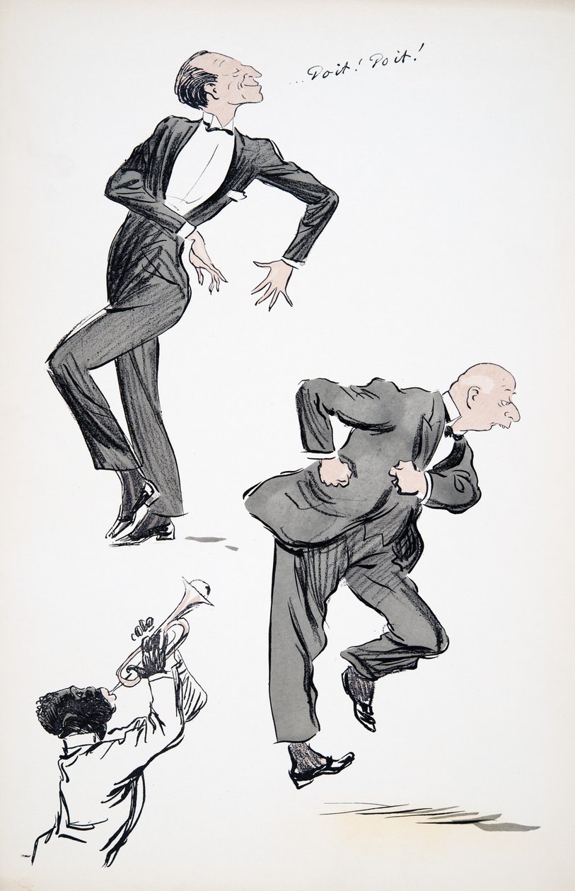 To menn i dress danser mens en musiker spiller trompet, fra White Bottoms, pub. 1927 (fargeblokktrykk) av Sem