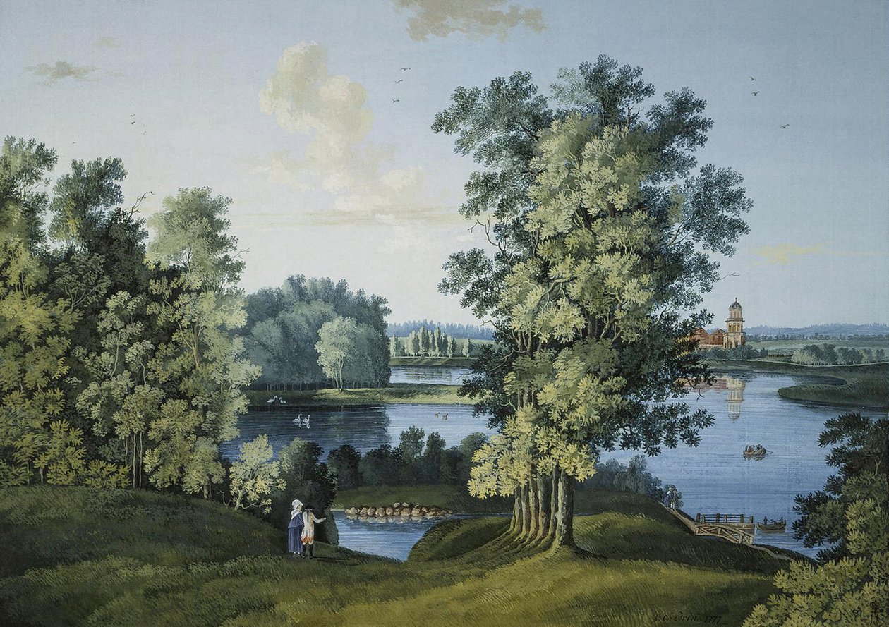 ""Utsikt over den store dammen i parken i Tsarskoye Selo"" av Semyon Fyodorovich Shchedrin (Semion Chtchedrine) (1745-1804), Gouache og blekk på papir av Semen Fedorovich Shchedrin