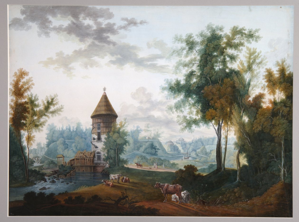 Mill og Pil Tower i Pavlovsk-parken, før 1797 av Semyon Fyodorovich Shchedrin