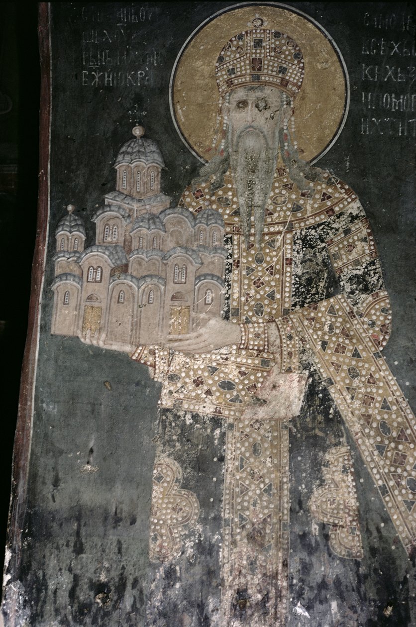 Kong Stephen Uros II Milutin (r.1282-1321) med en modell av kirken, 1311-21 av Serbian School