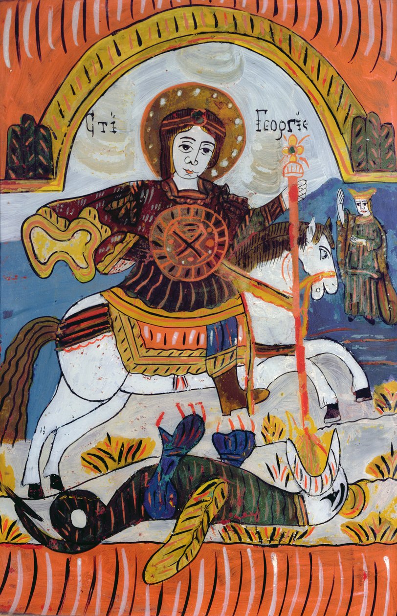 Saint George and the Dragon (olje på glass) av Serbian School