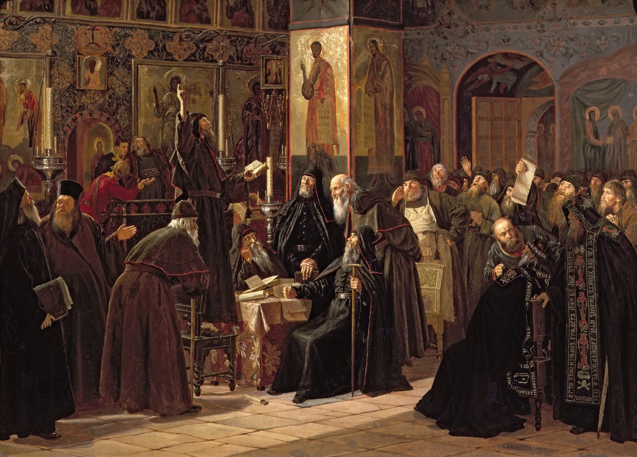 Solovetsy-klosterets opprør mot de nye bøkene i 1666, 1885 av Sergei Dmitrievich Miloradovich