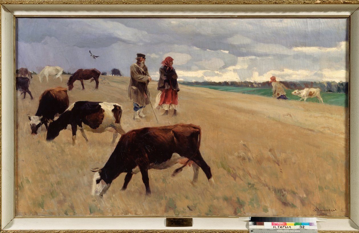 On the Stubble Field - Maleri av Sergei Arsenyevich Vinogradov (1869-1938), olje på lerret av Sergei Arsenevich Vinogradov