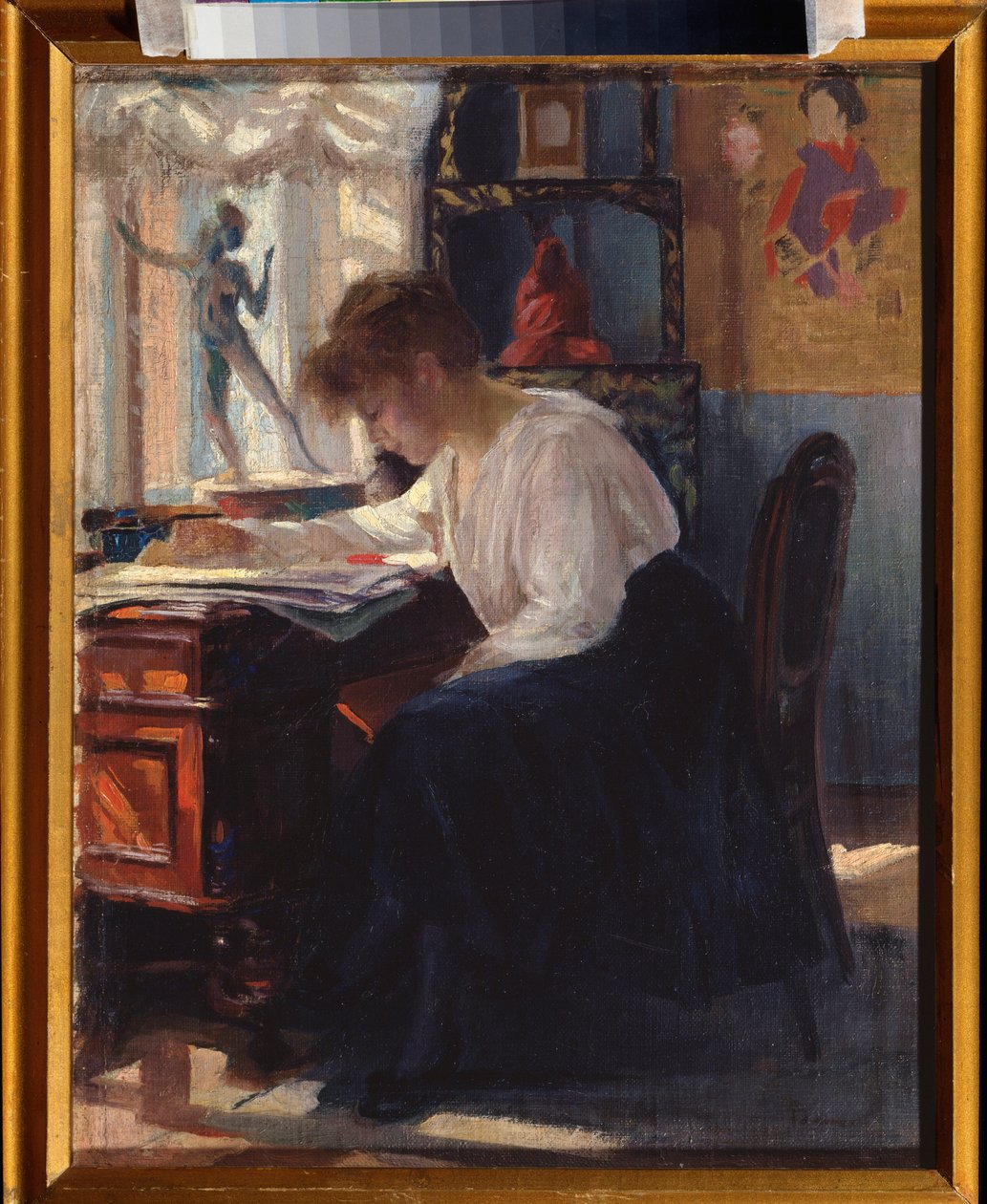 I en studie (In a Study) - Maleri av Sergei Arsenyevich Vinogradov (1869-1938), olje på lerret, russisk kunst 1800- og 1900-tallet - Statens kunstmuseum for Republikken Karelia, Petrozadvosk (Russland) av Sergei Arsenevich Vinogradov