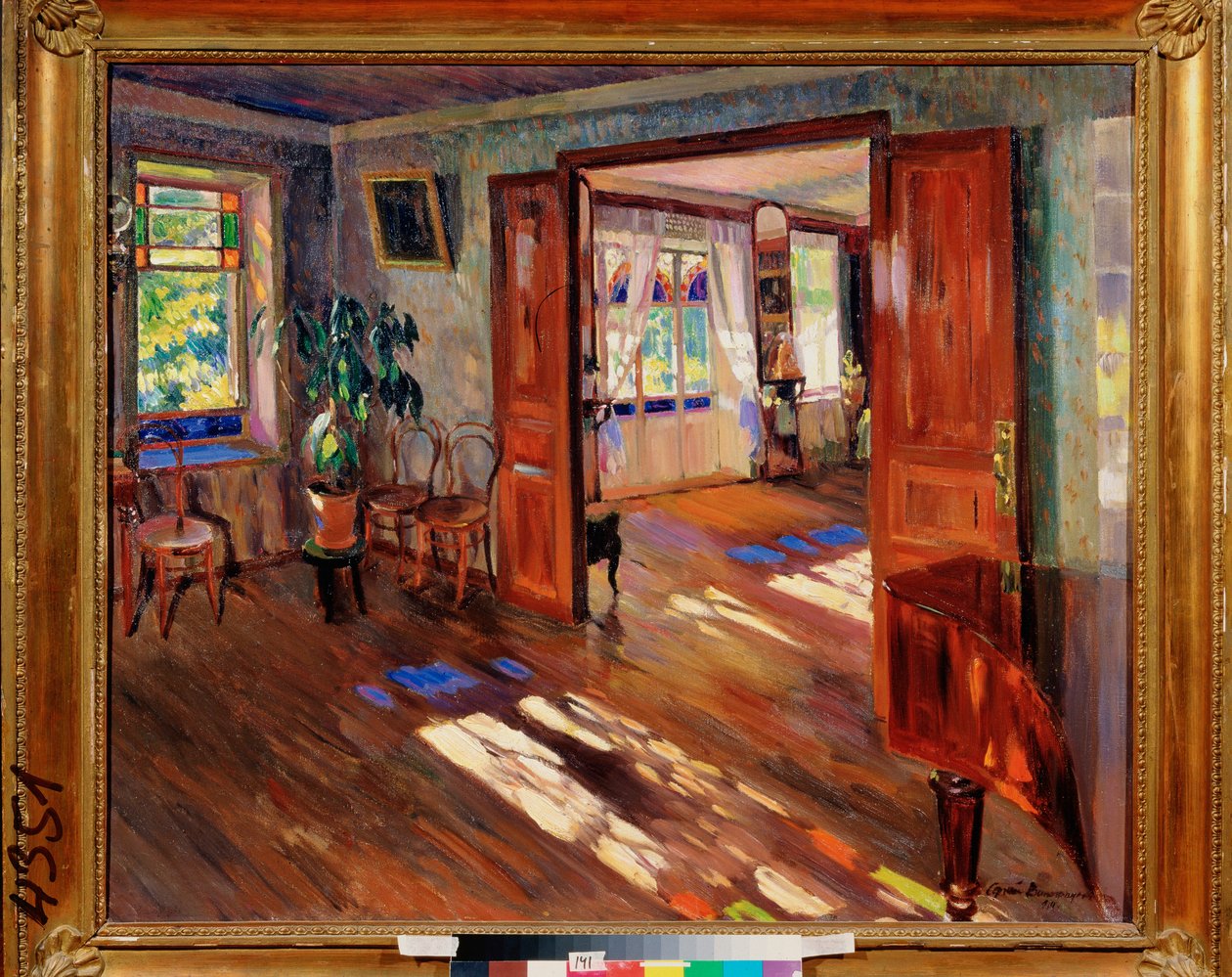 In A House - Maleri av Sergei Arsenyevich Vinogradov (1869-1938), olje på lerret av Sergei Arsenevich Vinogradov