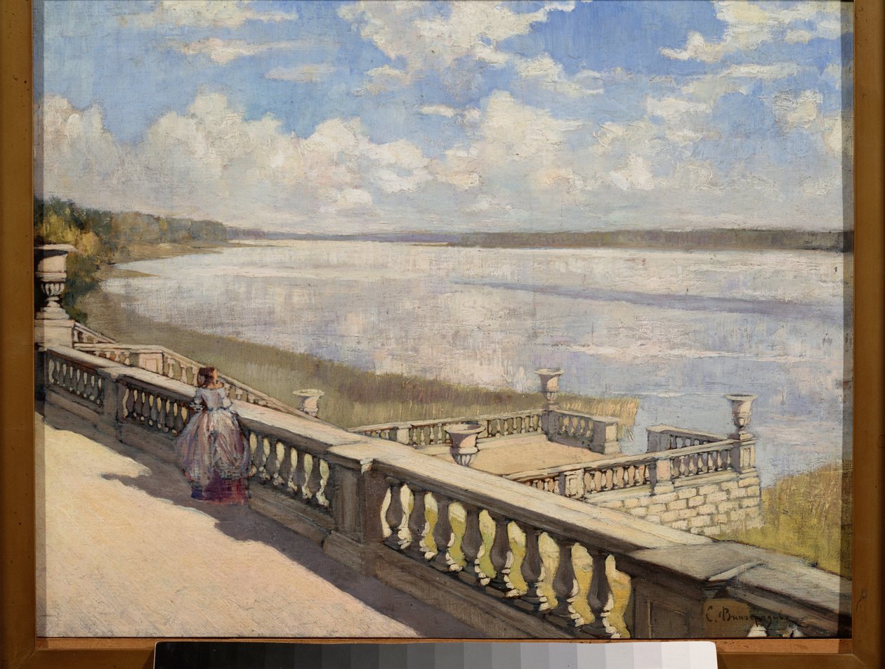 Sunny Day, A Lady At The Balustrade - Maleri av Sergei Arsenyevich Vinogradov (1869-1938), olje på lerret av Sergei Arsenevich Vinogradov