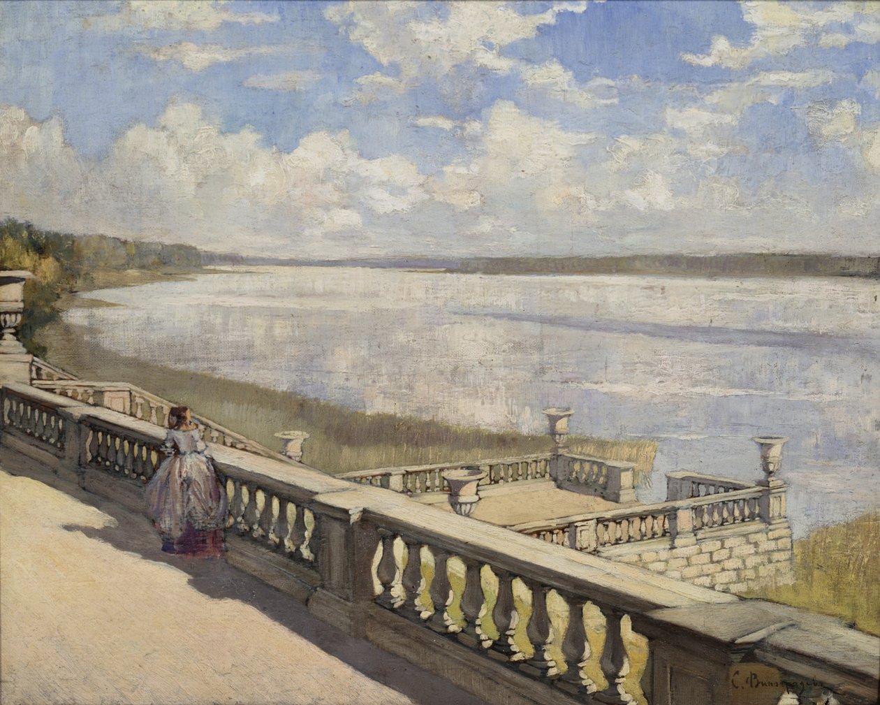 Solfylt dag. En dame ved balustraden, 1908 av Sergei Arsenevich Vinogradov