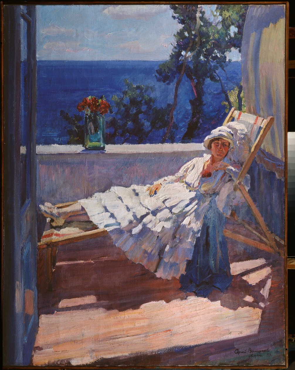 A Lady on the Balcony - Maleri av Sergei Arsenyevich Vinogradov (1869-1938), olje på lerret av Sergei Arsenevich Vinogradov
