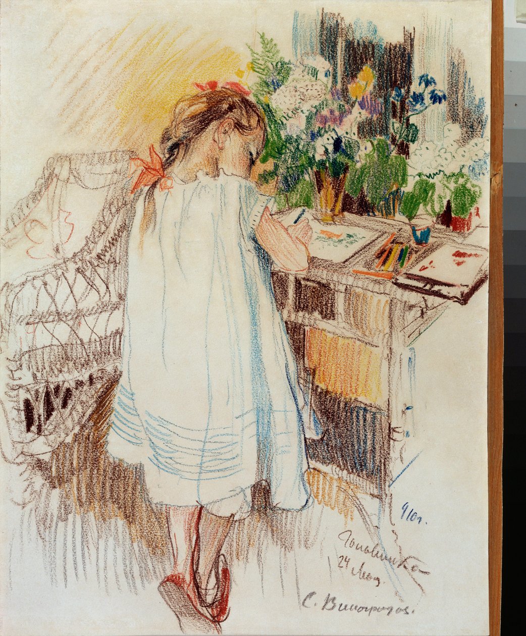 Une petite (A Little One) - Oeuvre de Sergei Arsenyevich Vinogradov (1869-1938), crayon de couleur sur papier   1325051   no       norwegian Successfully Translated  Original: Blumenstillleben mit Weintrauben, Kürbis und Granatäpfeln Translat: Blumenstilll av Sergei Arsenevich Vinogradov