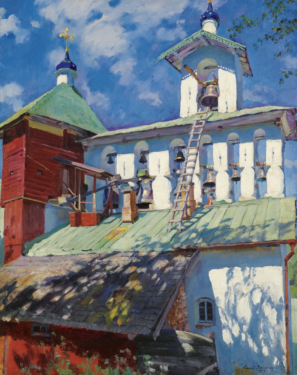""Utsikt over klokketårnet til Pskov Caves Monastery (Pskov-Pechory Dormition Monastery eller Pskovo-Pechersky) i Pechory, Russland"" (Klokketårnet til Pskovo-Pechersky Monastery) Maleri av Sergei Vinogradov (1869-1938) - 1929 - Olje på lerret Søn 8 av Sergei Arsenevich Vinogradov
