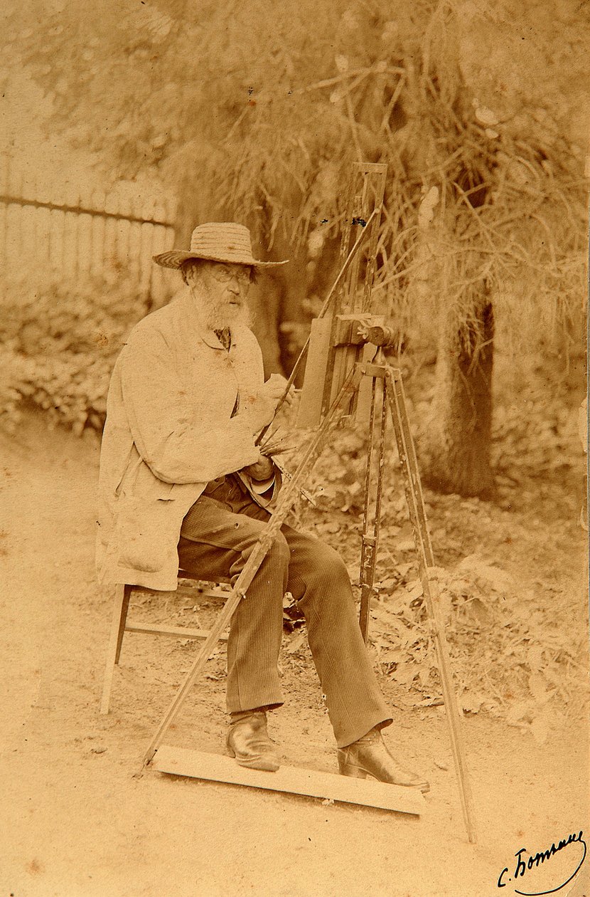 Portrett av poeten Yakov Petrovich Polonsky (Iakov Petrovitch Polonski) (1819-1898) ved staffeliet. Albumin-foto av Sergei Dmitrievich Botkin (1869-1945) av Sergei Dmitrievich Botkin