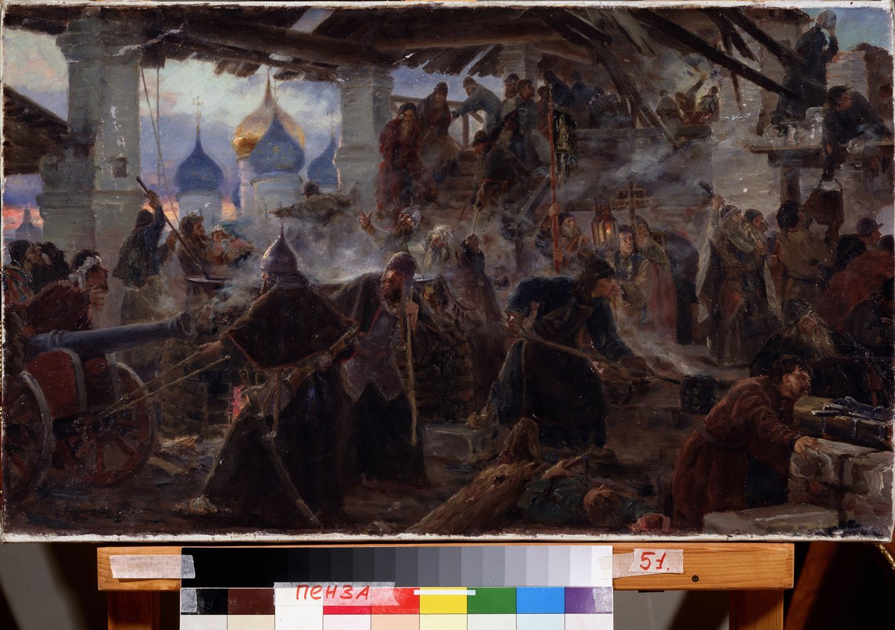 Setet for klosteret Lavra of the Trinity Saint Serge (Trinite-Saint-Serge) i Sergiev Posad (Russland). (Beleiringen av treenigheten Sergius Lavra i Sergiev Posad). Kampscene i problemenes tid (1598-1613) og den dynastiske krisen som ristet av Sergei Dmitrievich Miloradovich