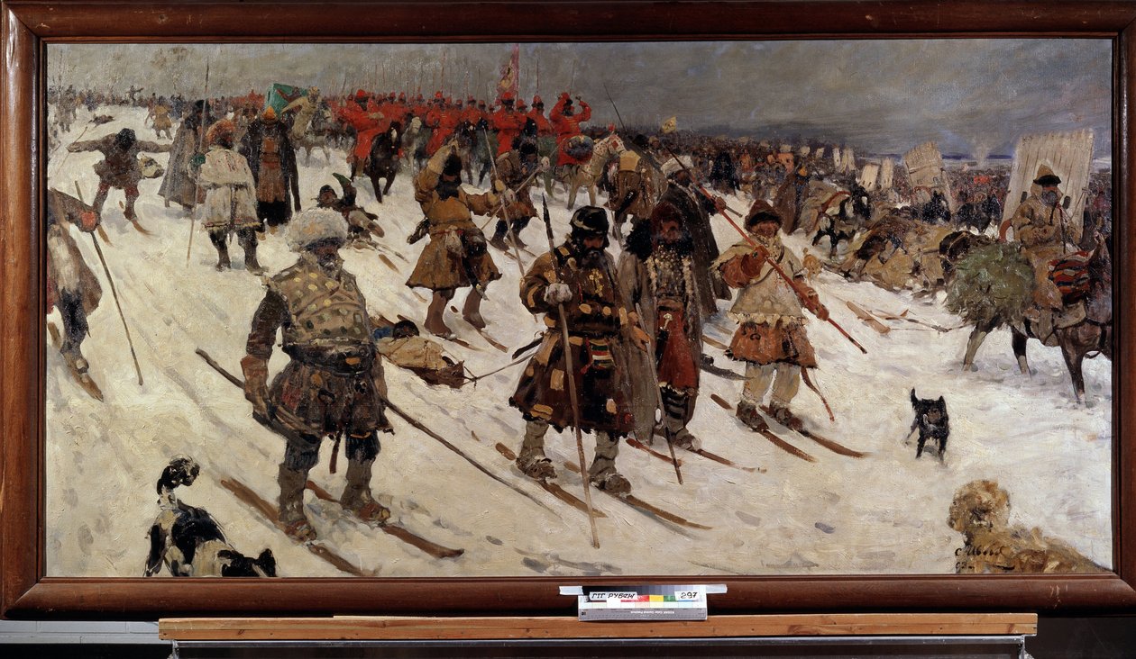 russisk militærkampanje på 1500-tallet; (Russens militære kampanje på 1500-tallet). Russiske krigere på ski som rykker frem gjennom snøen. Maleri av Sergei Vasilyevich Ivanov (1864-1910), olje på lerret av Sergei Ivanovich Gribkov