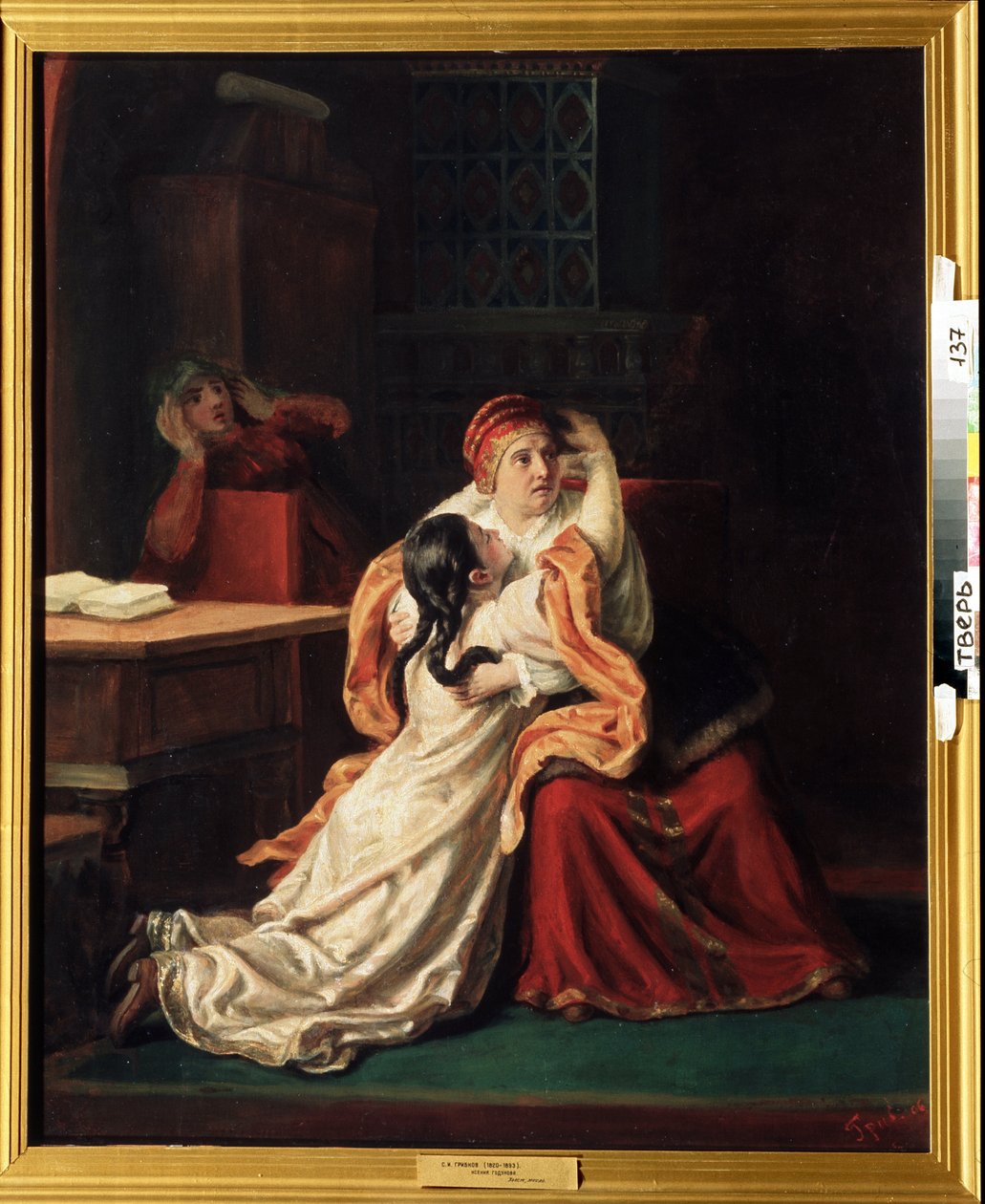Tsarina Kseniya Godunova (1581-1622) (Tsarevna Kseniya Godunova). Et skremt barn suser inn i noens armer. Maleri av Sergei Ivanovich Gribkov (1820-1893), olje på lerret, russisk kunst fra 1800-tallet. Regionalt kunstgalleri, Tver (Russland) av Sergei Ivanovich Gribkov