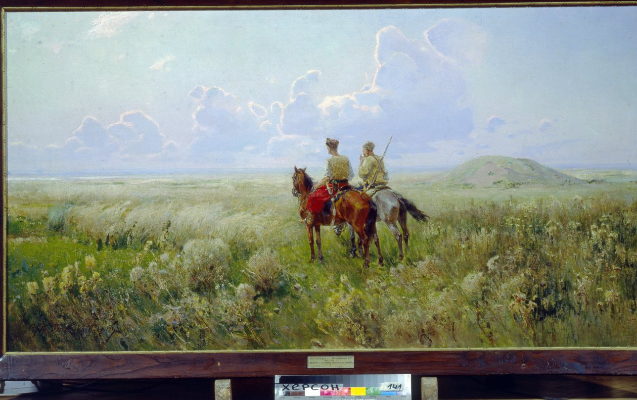 Cossacks in the Steppe (Cossacks in the Steppe) - Maleri av Sergei Ivanovich Vasilkovsky (1854-1917), olje på lerret, rundt 1900 - Regionalt kunstmuseum, Kherson (Ukraina) av Sergei Ivanovich Vasilkovsky