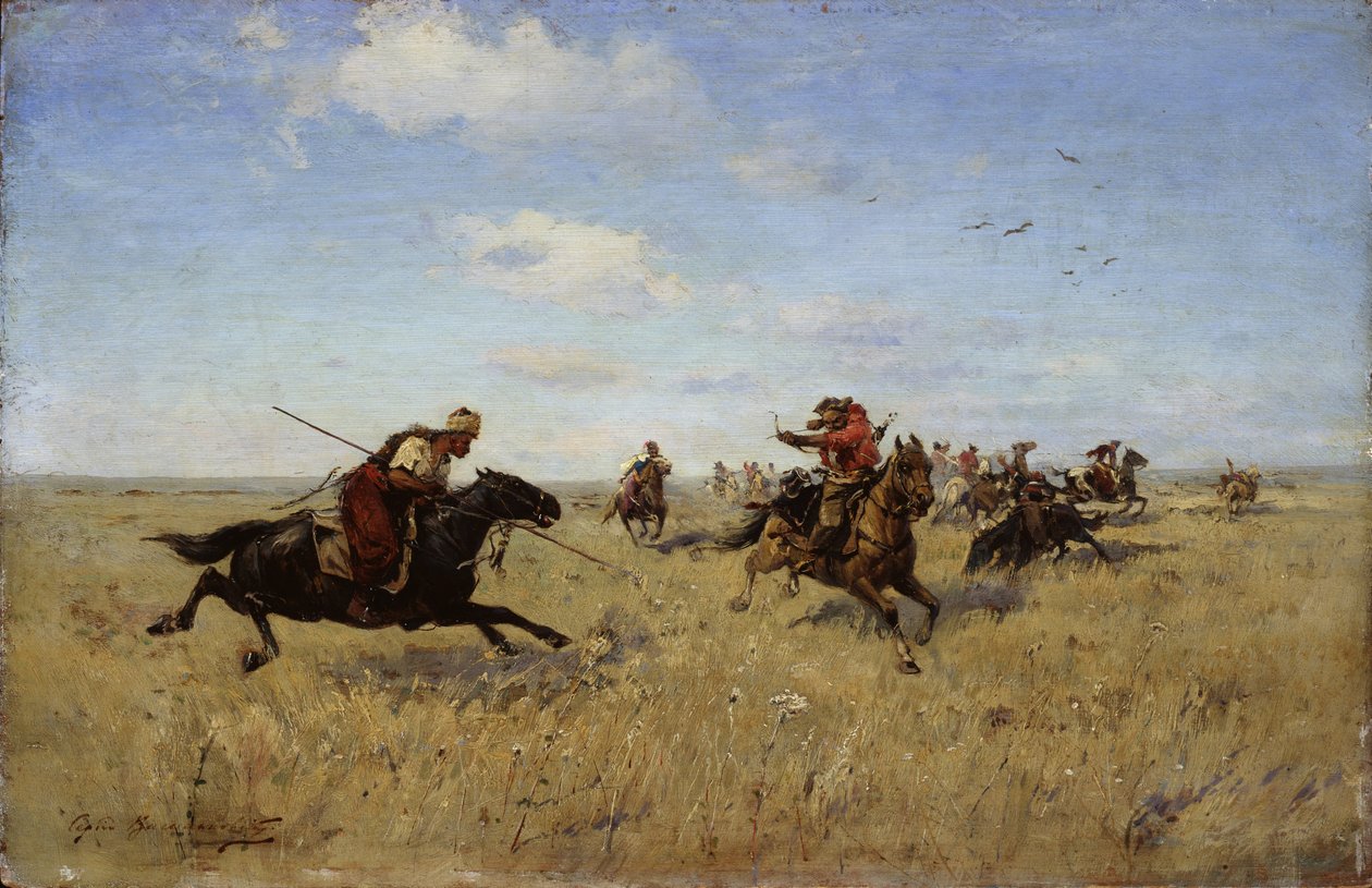 Kamp mellom Dnepr-kosakker og tatarer, 1892 av Sergei Ivanovich Vasilkovsky