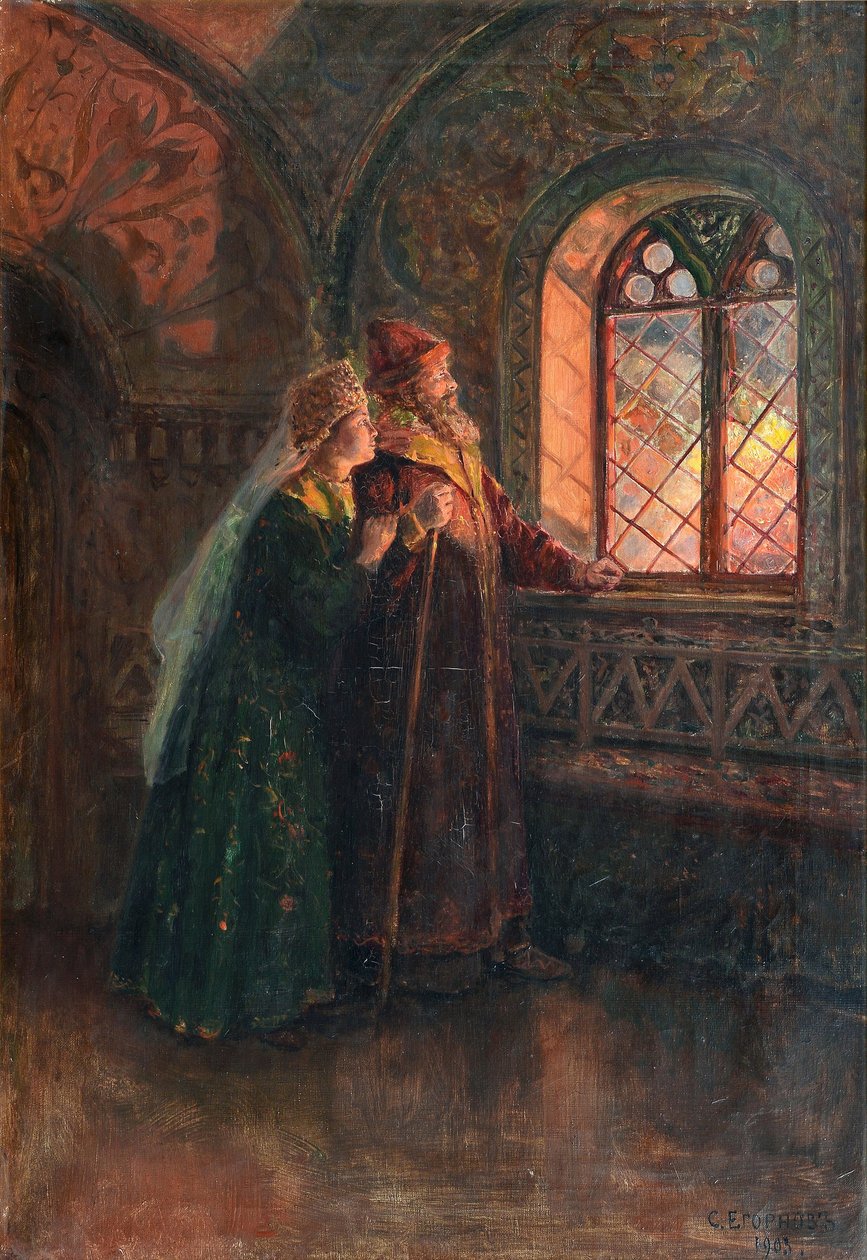 Tsar Alexei Mikhailovich og Maria Miloslavskaya under brannen i Moskva, 1903 av Sergei Semyonovich Yegornov