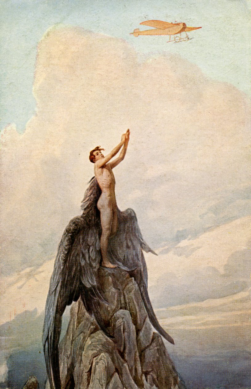 Transportere. Luftfart. Drømmen om Ikaros. Icarus og fly. Illustrasjon av J. Solomko, Ungarn, ca. 1916. (postkort) av Sergei Sergeevich Solomko