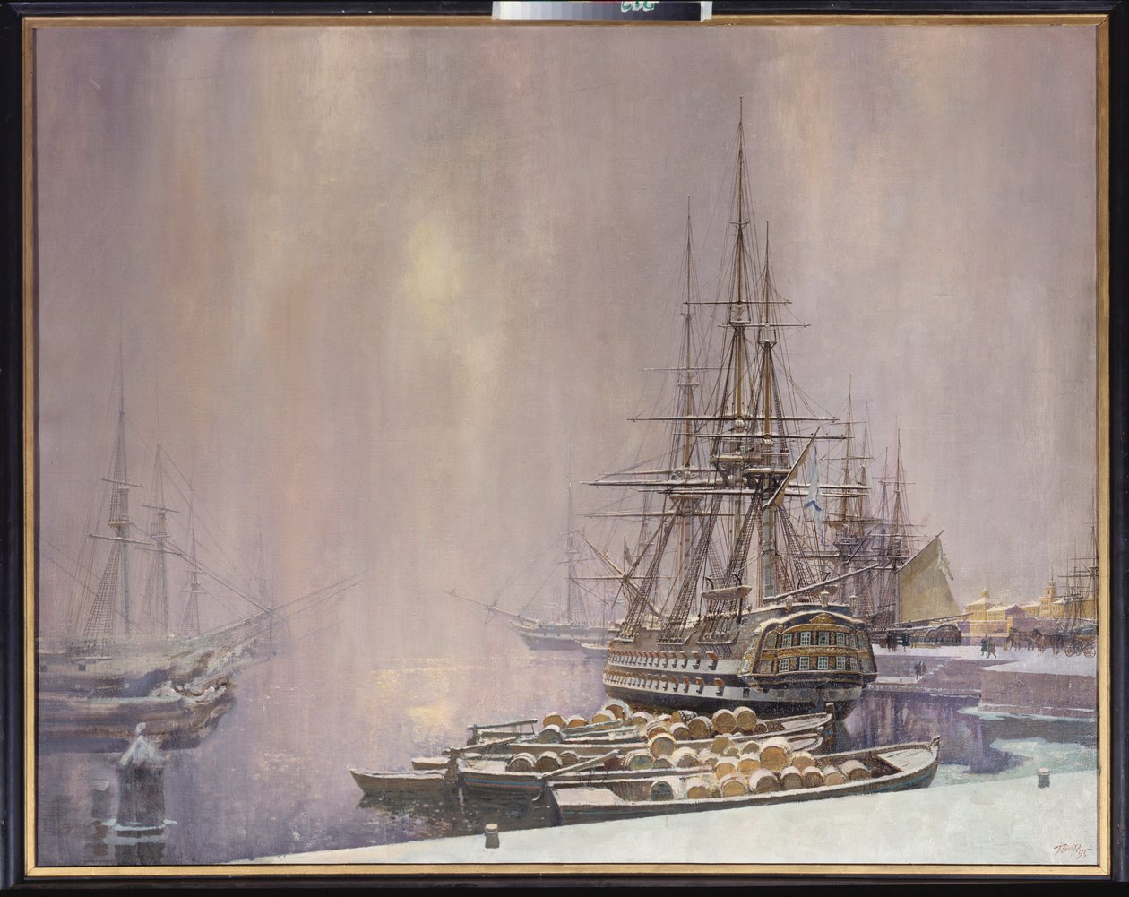 Kronstadt om vinteren (Havnen ved Østersjøen i Peter den stores tid (1672-1725) - Kronstadt om vinteren - Maleri av Sergei Varlenovich Pen (født i 1952), olje på lerret av Sergei Varlenovich Pen