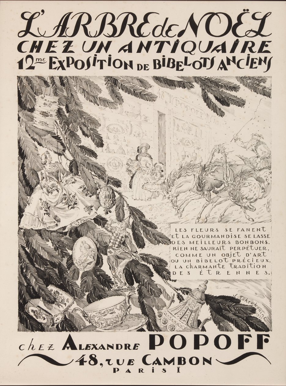 Juletreet hos en antikvitetshandler, 12. utstilling på Alexandre Popoff, 1933 av Sergei Vasilevich Chekhonin