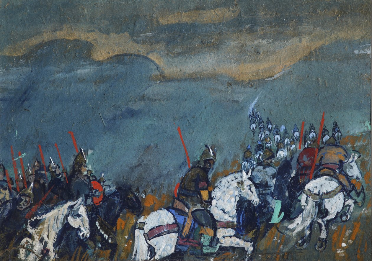 Tsar Dodons hær. Illustrasjon til eventyret The Golden Cockerel av A. Pushkin av Sergei Vasilievich Malyutin