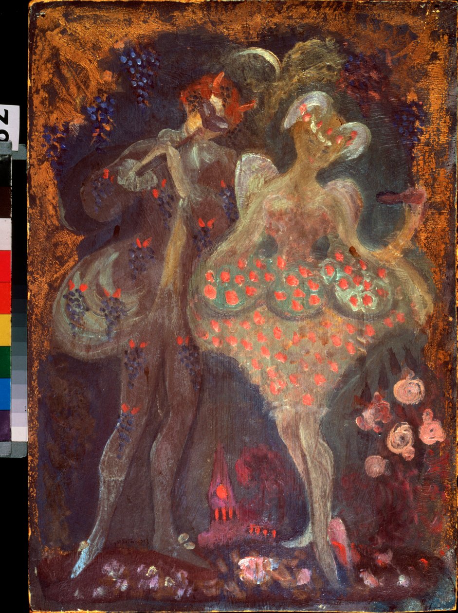 Amor og en faun. Verk av Sergei Yurievich Sudeykin (Serge Soudeikine) (1882-1946), tempera på papp. Russisk kunst, tidlig på 1900-tallet. Statens kunstmuseum for republikken Tatarstan, Kazan (Russland). av Sergei Yurevich Sudeikin