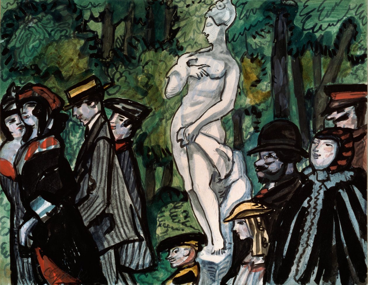 I sommerhagen. (Familier i sitt søndagsbeste på tur rundt en statue i St. Petersburg). Verk av Sergei Yurievich Sudeykin (Serge Soudeikine) (1882-1946), blyant, gouache og blekk på papir. russisk kunst av Sergei Yurevich Sudeikin