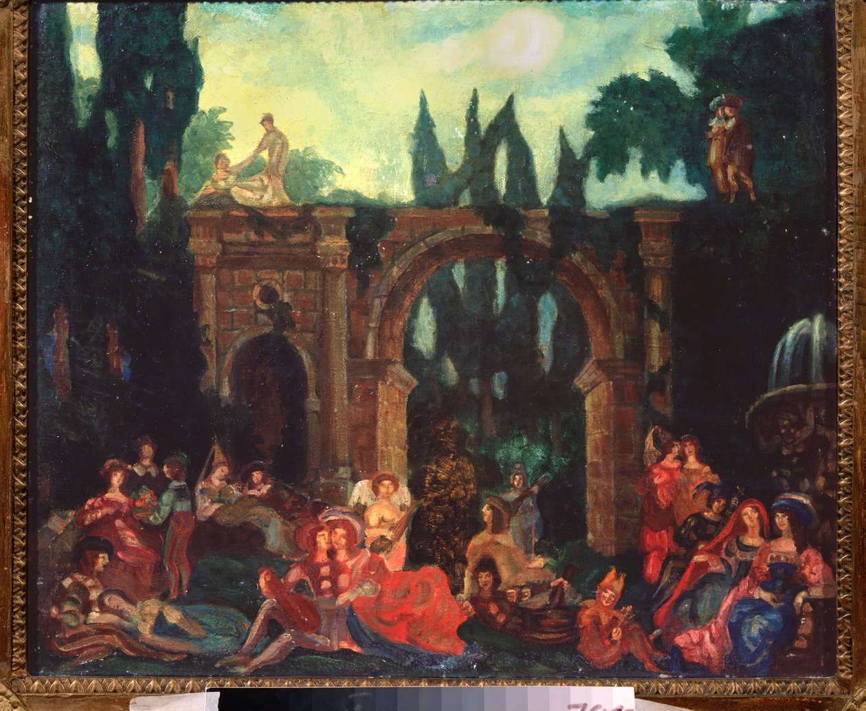 Forberedende dekor for stykket ""Le Decameron"" av Giovanni Boccaccio (Jean Boccace av Sergei Yurevich Sudeikin