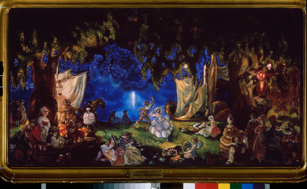 Resten av skuespillerne. (En omreisende teatertrupp, hvis medlemmer danser, spiller musikk eller slapper av i en skogsglede, ved månens lys). Maleri av Sergei Yurievich Sudeykin (Serge Soudeikine) (1882-1946), olje på lerret av Sergei Yurevich Sudeikin