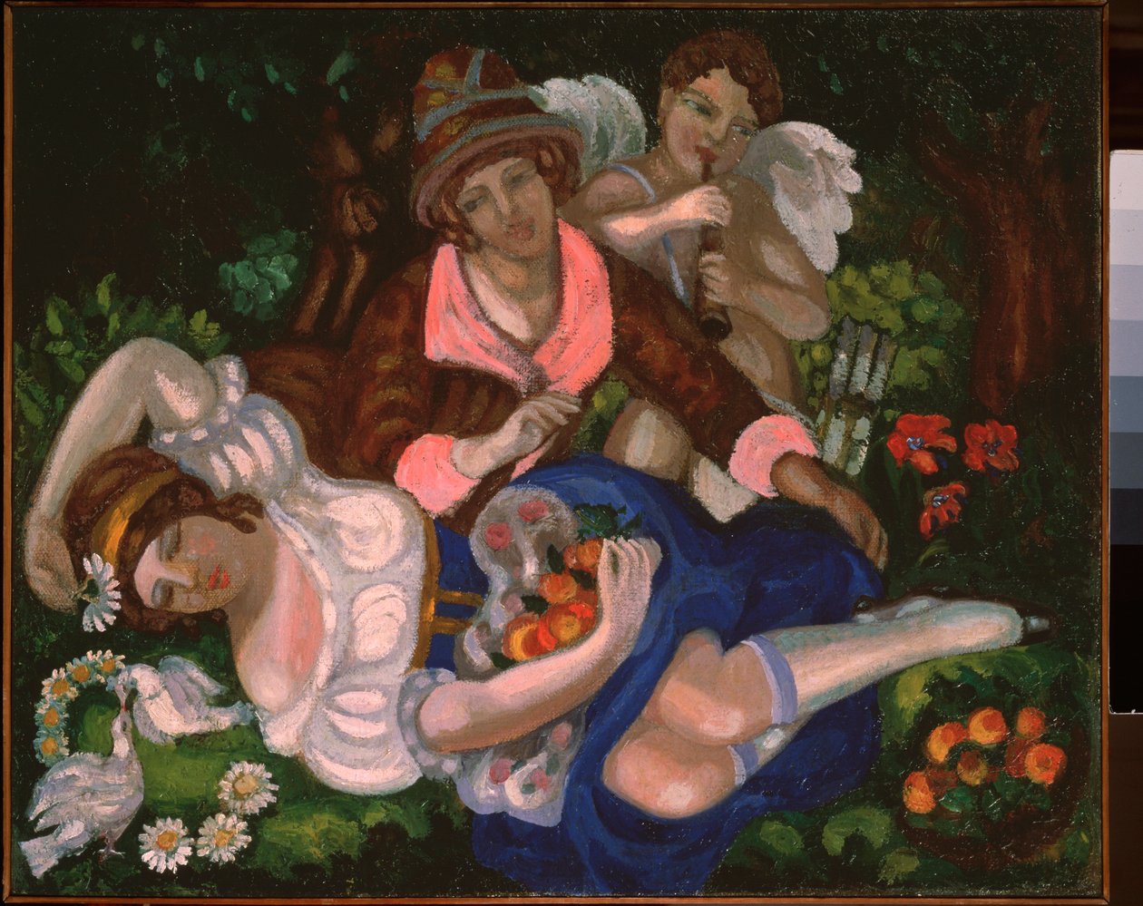 Allegorisk scene. (Et par elskere, omgitt av et par duer og Amor som spiller musikk). Maleri av Sergei Yurievich Sudeykin (Serge Soudeikine) (1882-1946), olje på lerret, ca 1910. Russisk kunst, 1900-tallet, art nouveau, modernisme. av Sergei Yurevich Sudeikin
