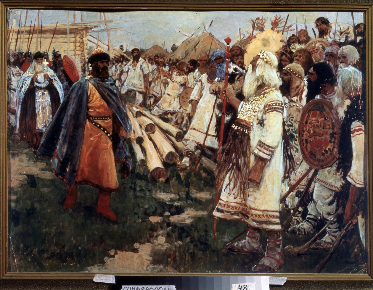 ""Kristendom og hedendom"" Kristning av Ukraina - Allegori av de to religionene ansikt til ansikt - Maleri av Sergei Ivanov (1864-1910) 1909 Regionalt kunstmuseum, Simferopol av Sergej Vasilevic Ivanov