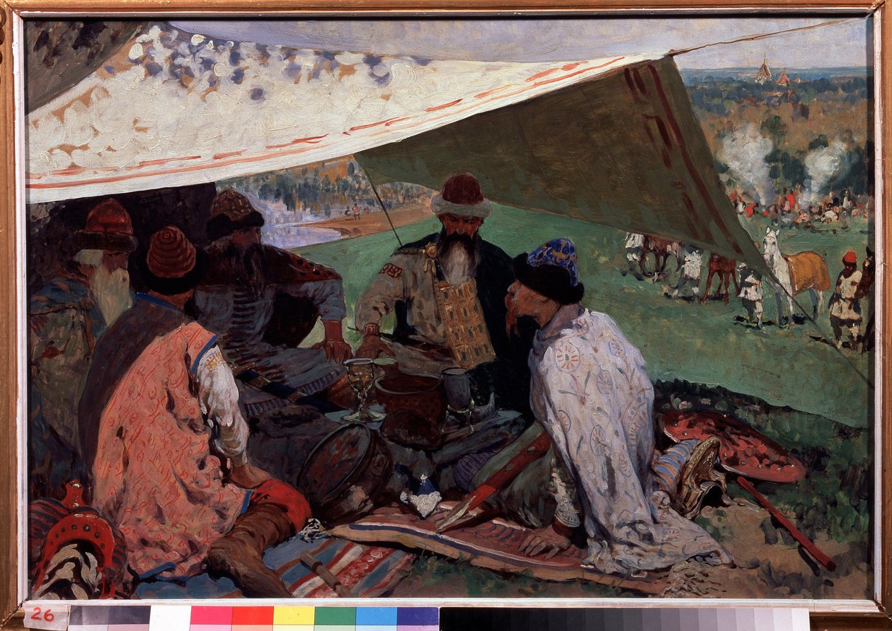 Konvensjon av russiske prinser. Møte mellom prinser fra Riourikid-dynastiet under et telt i middelalderen. Maleri av Sergei Vasilyvich Ivanov (1864-1910), olje på lerret av Sergej Vasilevic Ivanov
