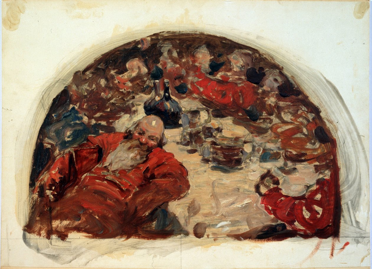 Vanskelighetens tid. Periode av russisk historie fra 1598 til 1613, drikkescene av menn kledd i røde dresser. Verk av Sergei Vasilyevich Ivanov (1864-1910), olje på papp av Sergej Vasilevic Ivanov