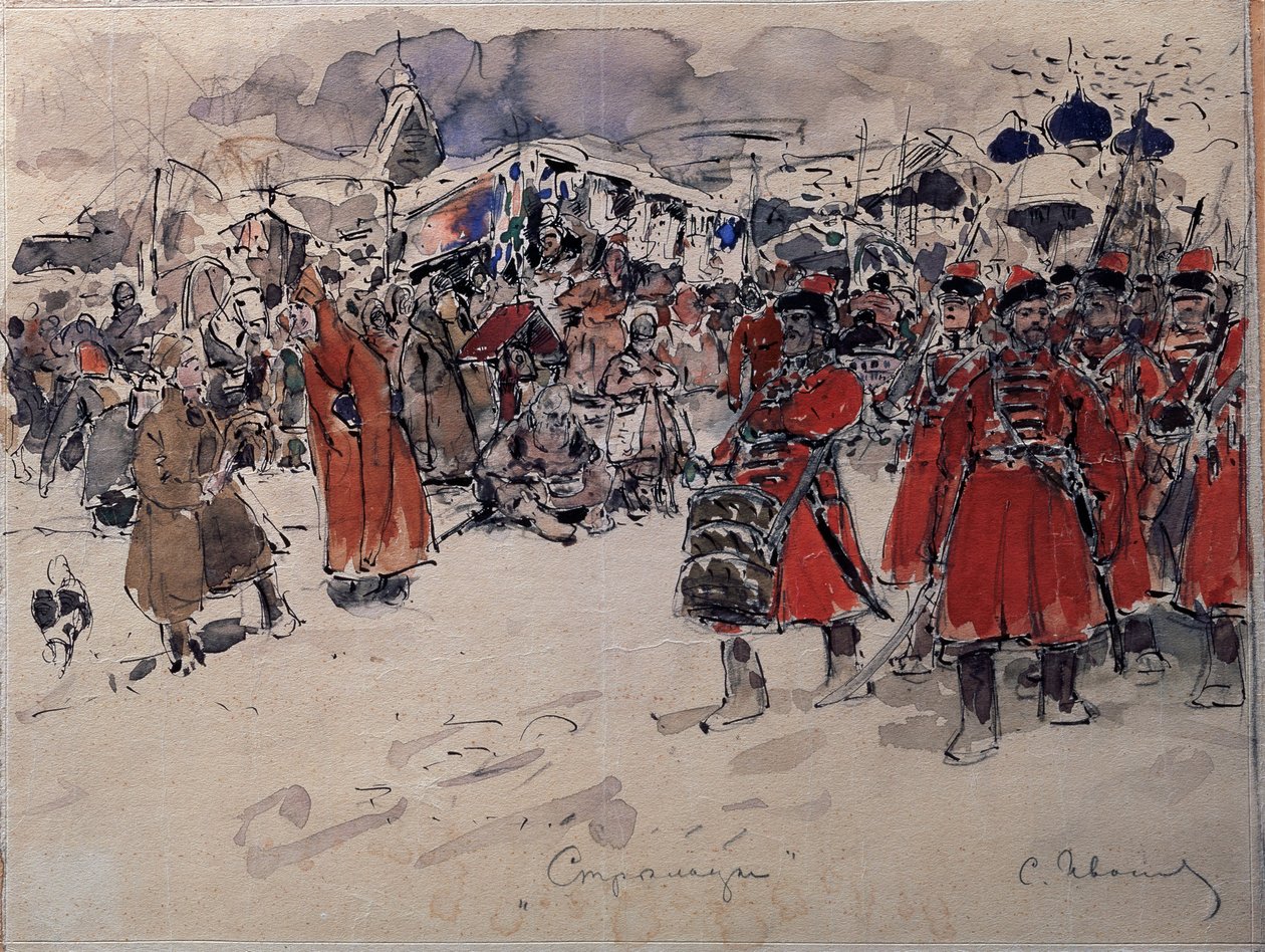 Troop of Streltsy (eller Strelets), et russisk militært organ som har eksistert fra 1500- til 1700-tallet (The Streltsy). Verk av Sergei Vasilyevich Ivanov (1864-1910), akvarell på papir, russisk kunst, sent på 1800-tallet tidlig på 1900-tallet. State Unit av Sergej Vasilevic Ivanov