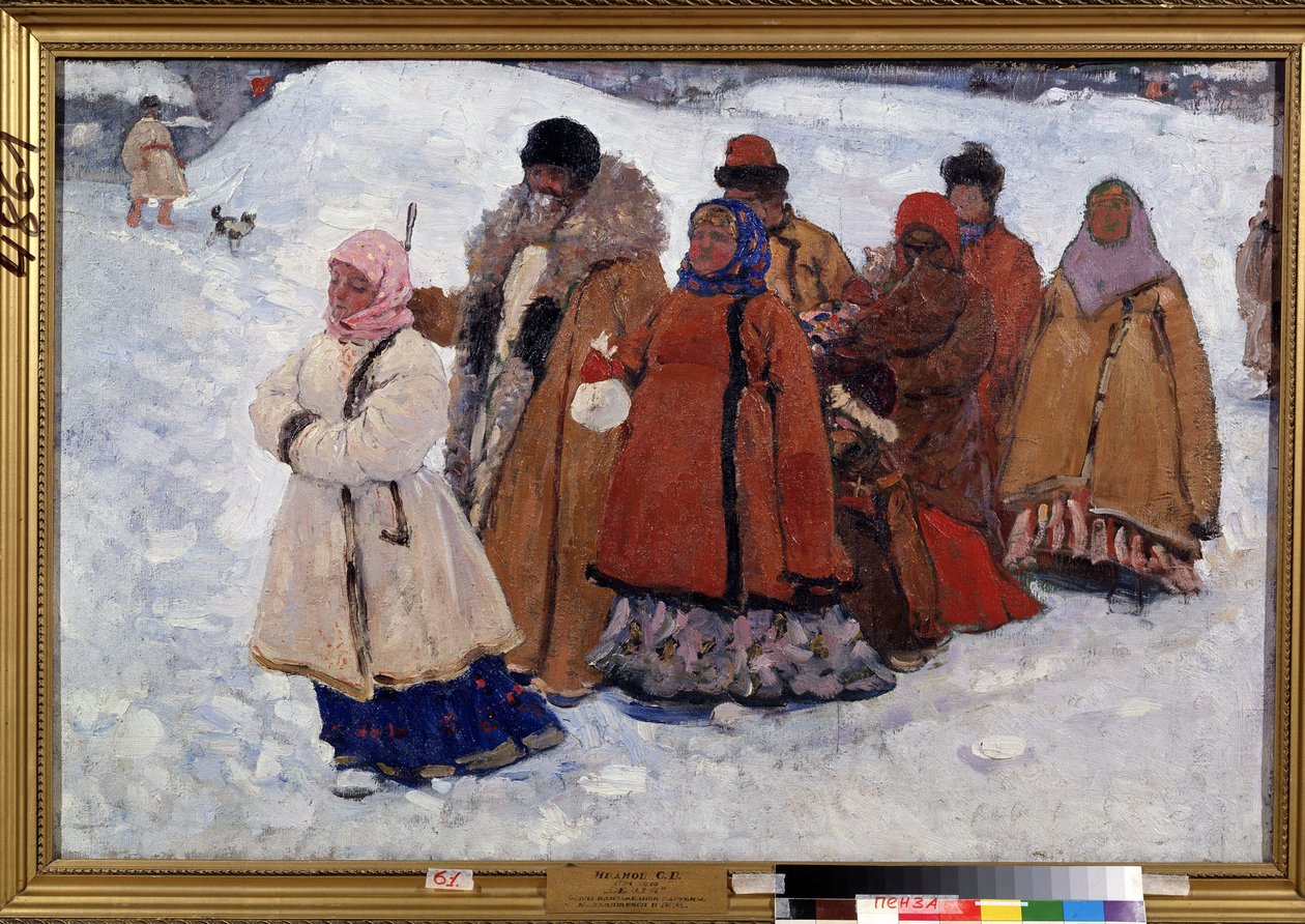 En familie. En russisk familie går i frakker i snøen. Maleri av Sergei Vasilyevich Ivanov (1864-1910), olje på lerret av Sergej Vasilevic Ivanov