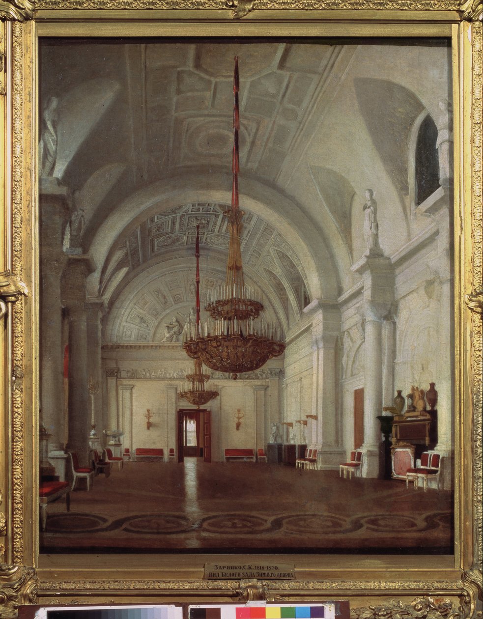 Utsikt over den hvite salen til vinterpalasset i St. Petersburg. Maleri av Sergey (Sergei, Sergei) Konstantinovich Zaryanko (Zarianko) (1818-1870), olje på lerret. russisk kunst av Sergey Konstantinovich Zaryanko