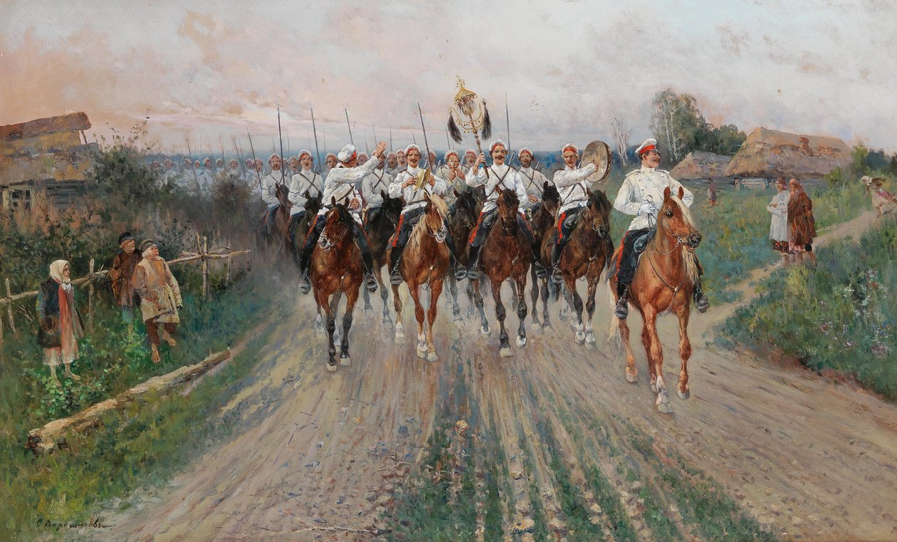 Et band går gjennom landsbyen. av Sergey Semyonovich Voroshilov