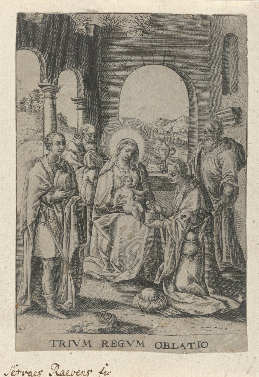 Aanbidding der Koningen The Offer of the Three Kings (tittel på objekt) av Servatius Raeven
