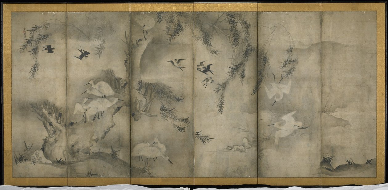 Willow, Egrets in Plomme and Willow, Seks-panels foldeskjerm (blekk på papir) av Sesson Shkei