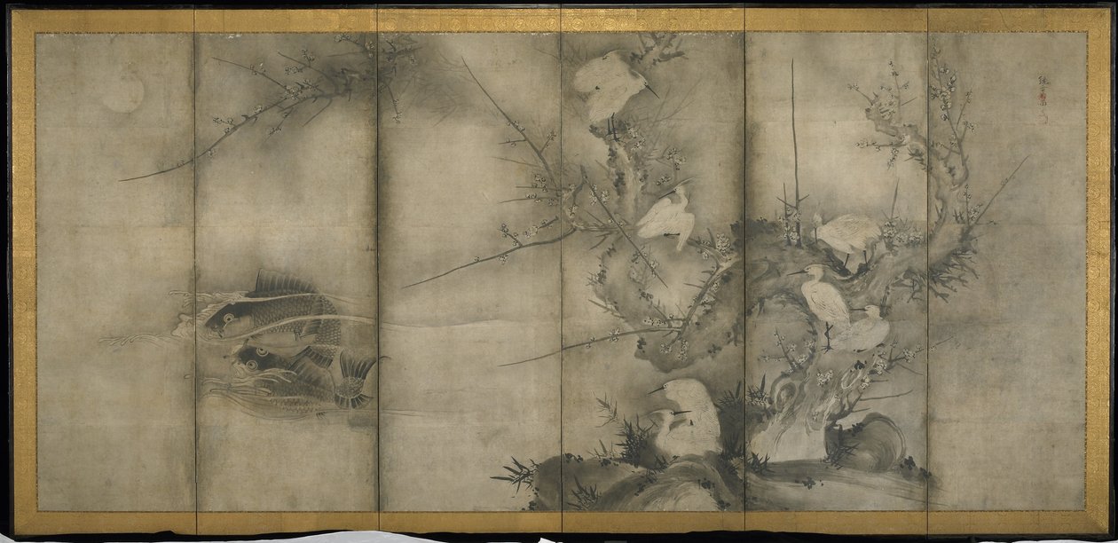 Willow, Egrets in Plomme and Willow, Seks-panels foldeskjerm (blekk på papir) av Sesson Shkei