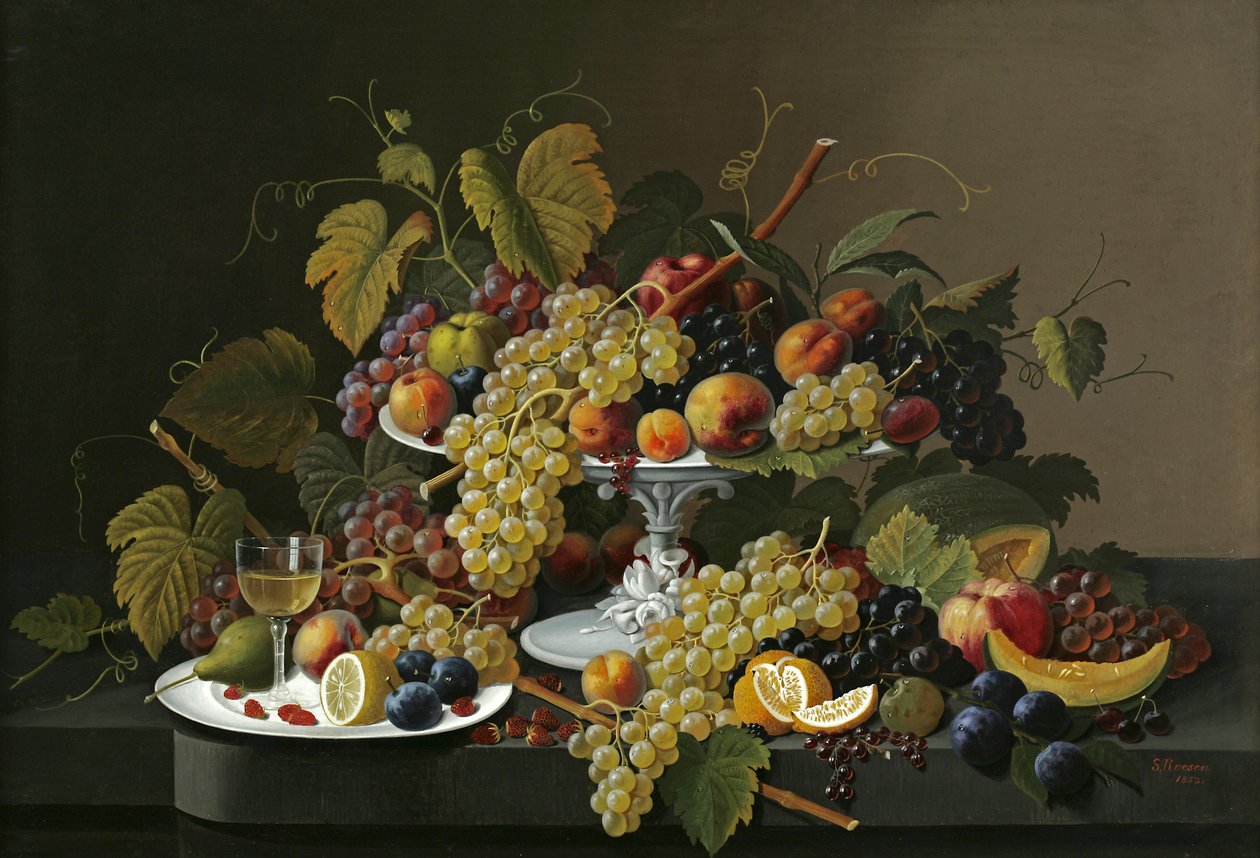 Stilleben av frukt og vin på et bord av Severin Roesen