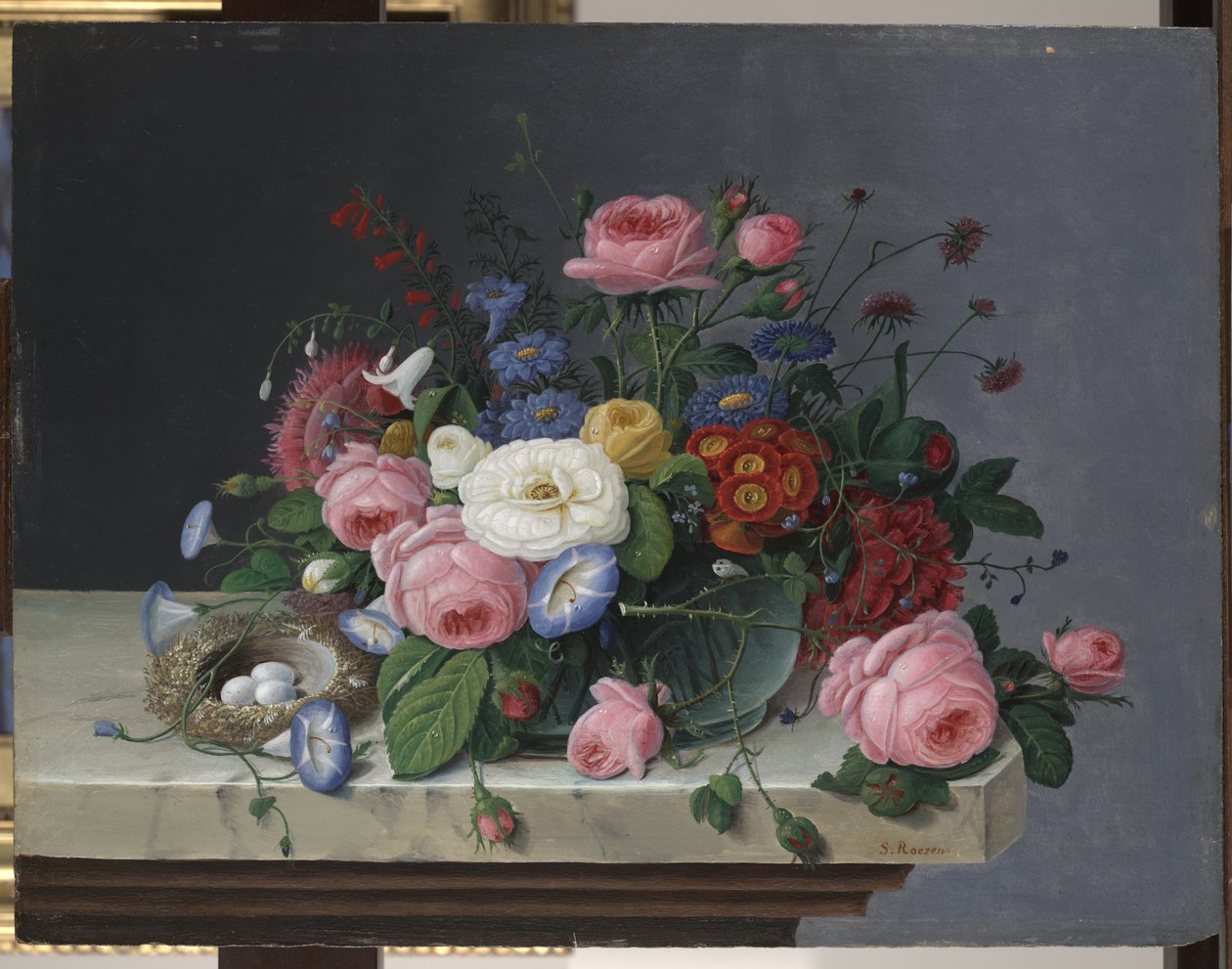 Stilleben med blomster og fuglerede, etter 1860 av Severin Roesen