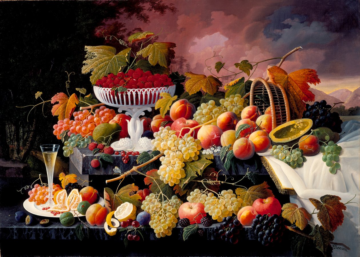 Fruktstilleben i et landskap, ca. 1862-72 av Severin Roesen