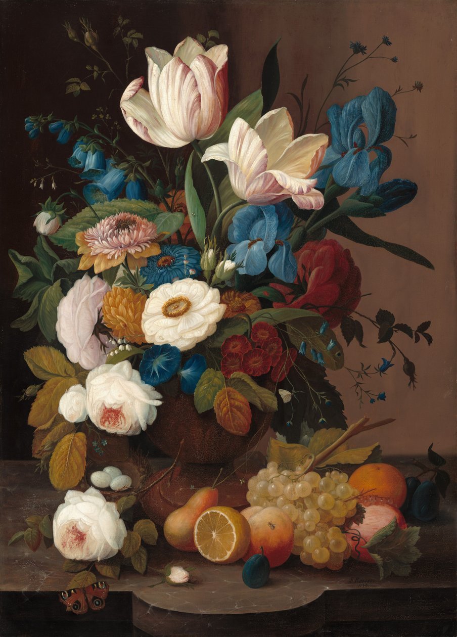 Stilleben, blomster og frukt av Severin Roesen