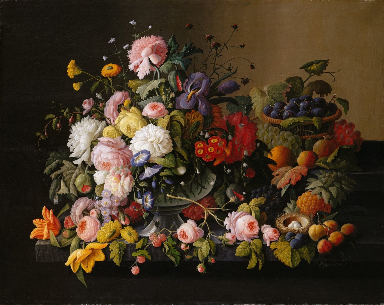Stilleben: Blomster og frukt av Severin Roesen