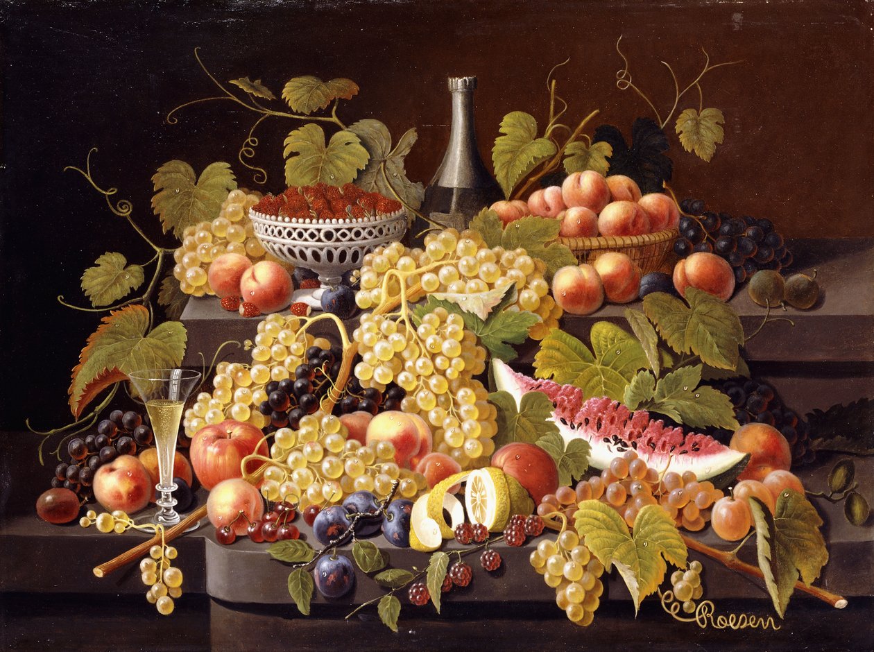 Stilleben med frukt og champagne, av Severin Roesen