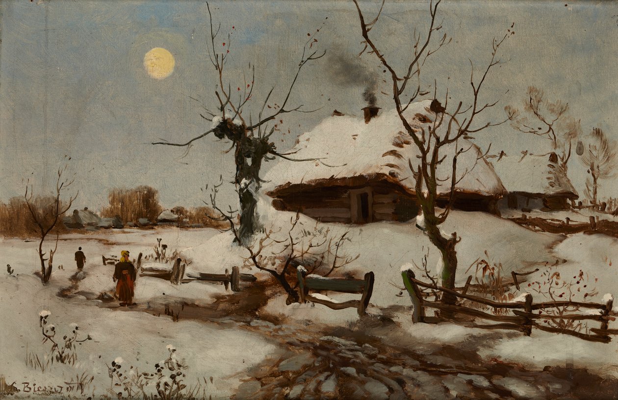 Hytter i snø (olje på lerret) av Seweryn Bieszczad