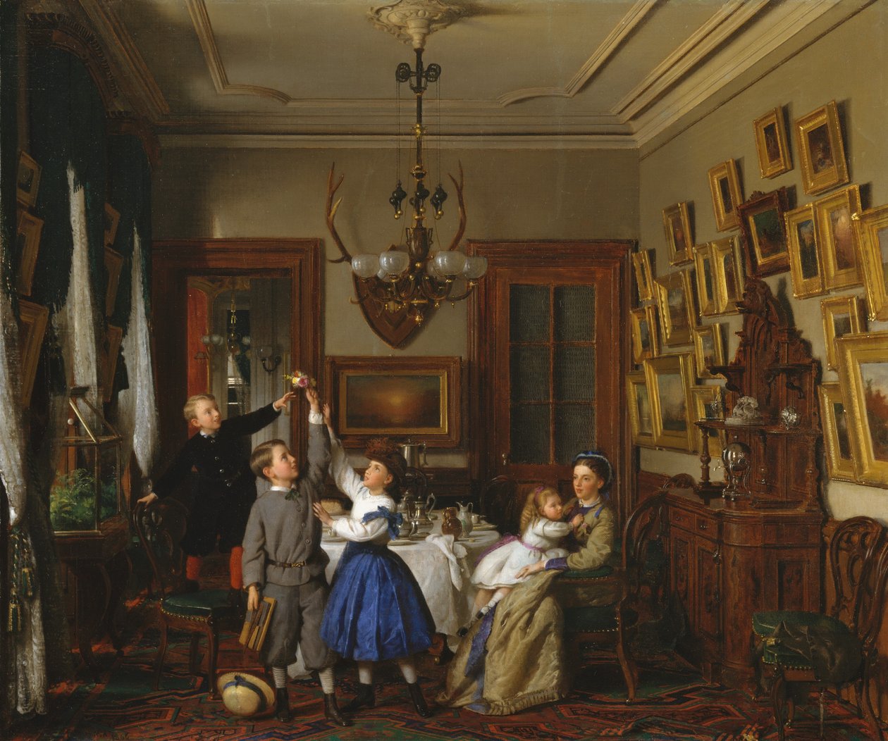 Konkurransen om buketten: Familien til Robert Gordon i deres spisestue i New York, 1866. av Seymour Joseph Guy
